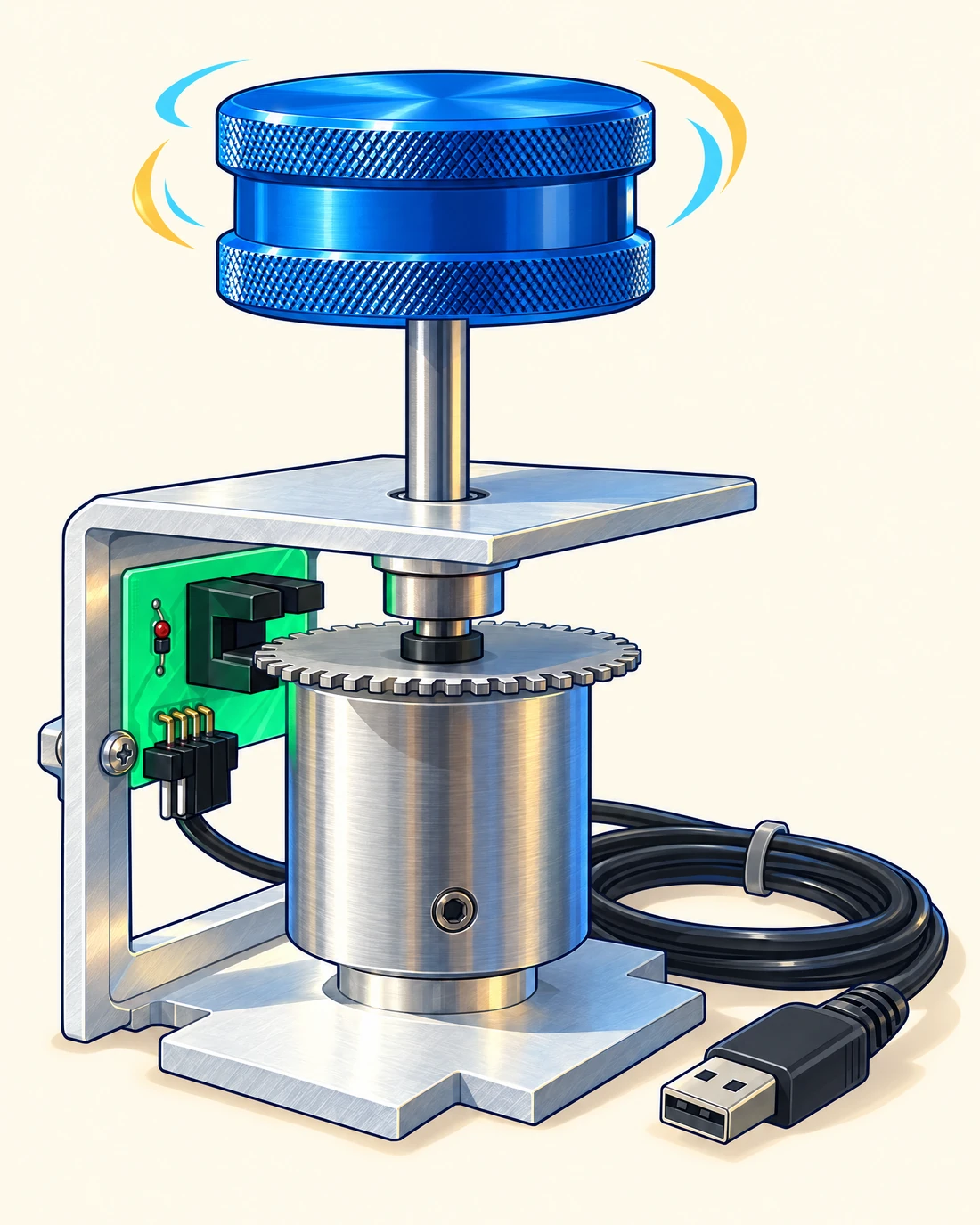 Cut-away of a complete Tornado Spinner: knob, shaft, sprocket, energy cylinder, control board and USB cable