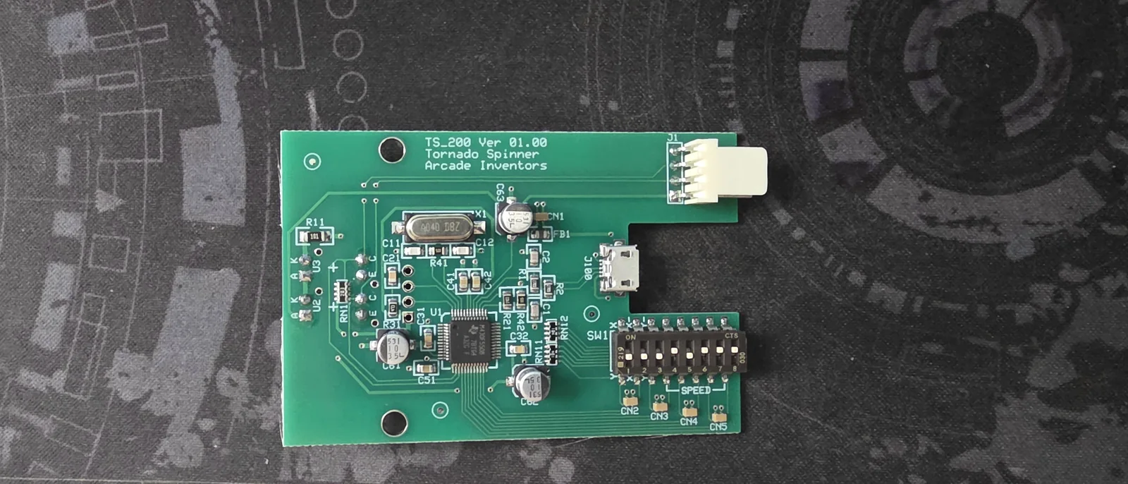 The TS_200 control board, with the eight-way DIP switch bank at lower right